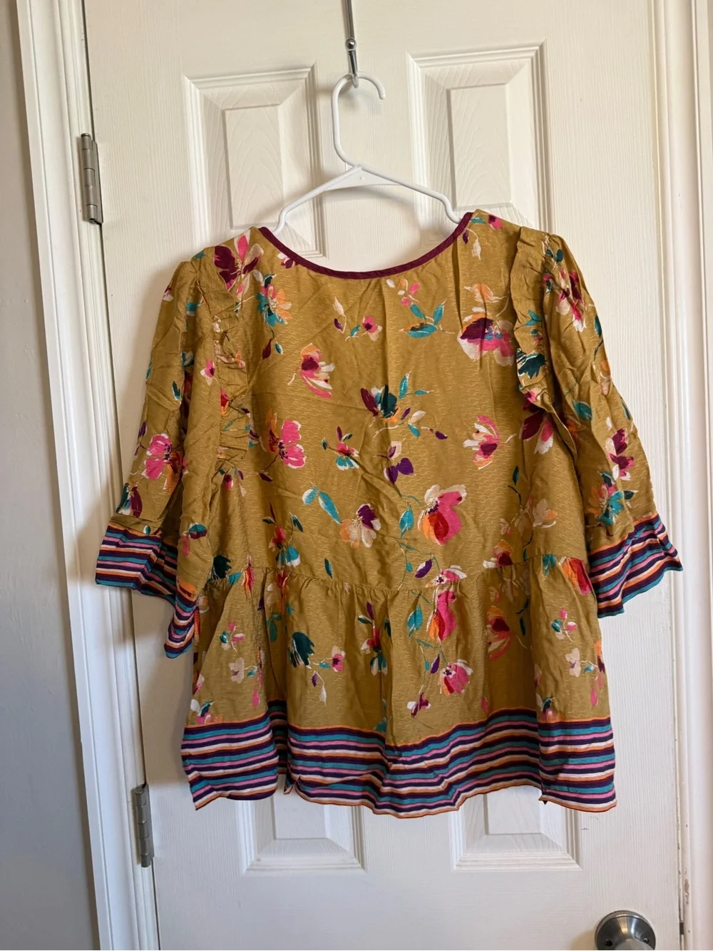 Democracy Mustard Floral V-Neck Peasant Top with Multicolor Striped Trim - Picture 2 of 3